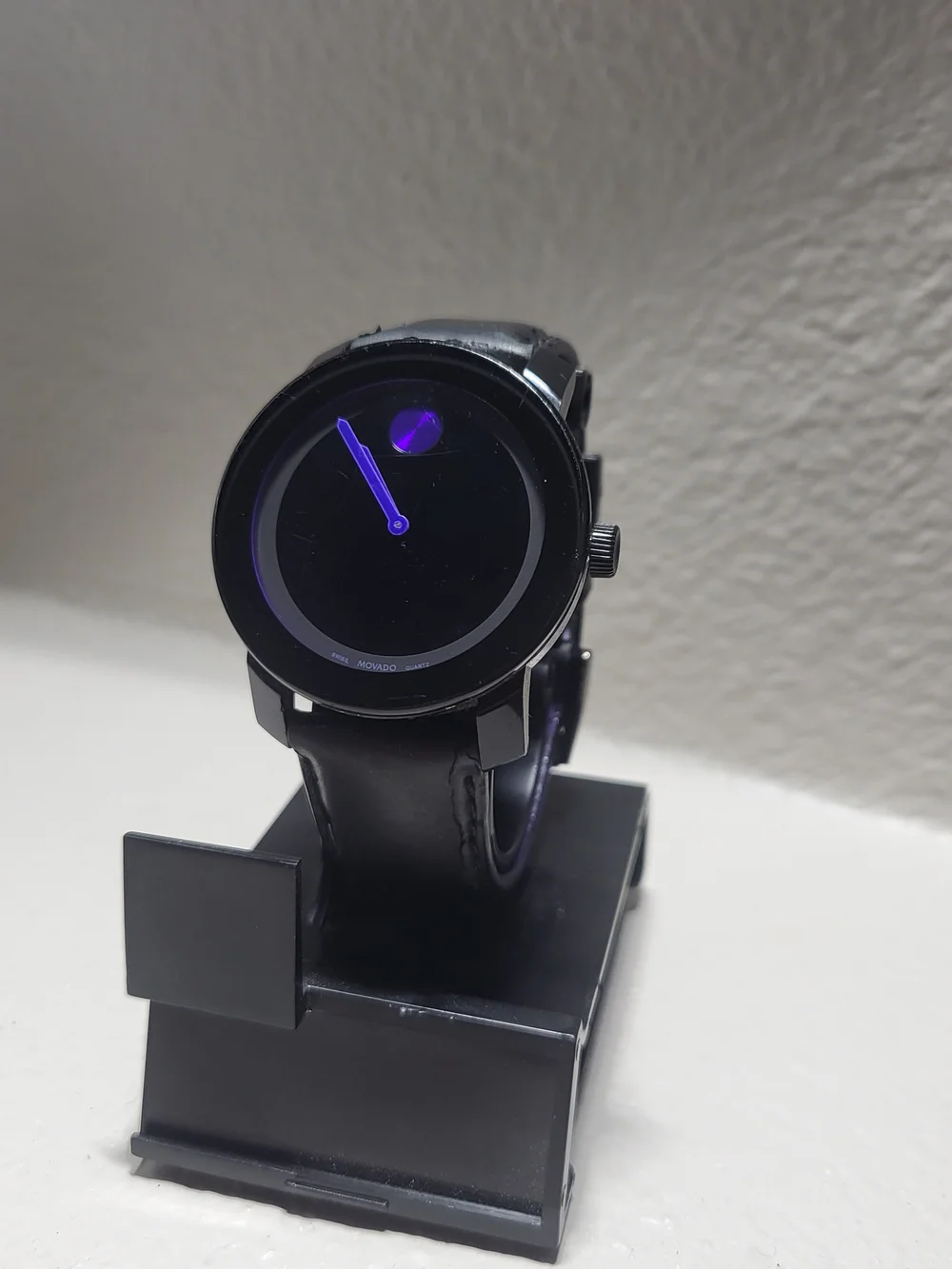 Movado Black Leather Watch with Purple Accent
